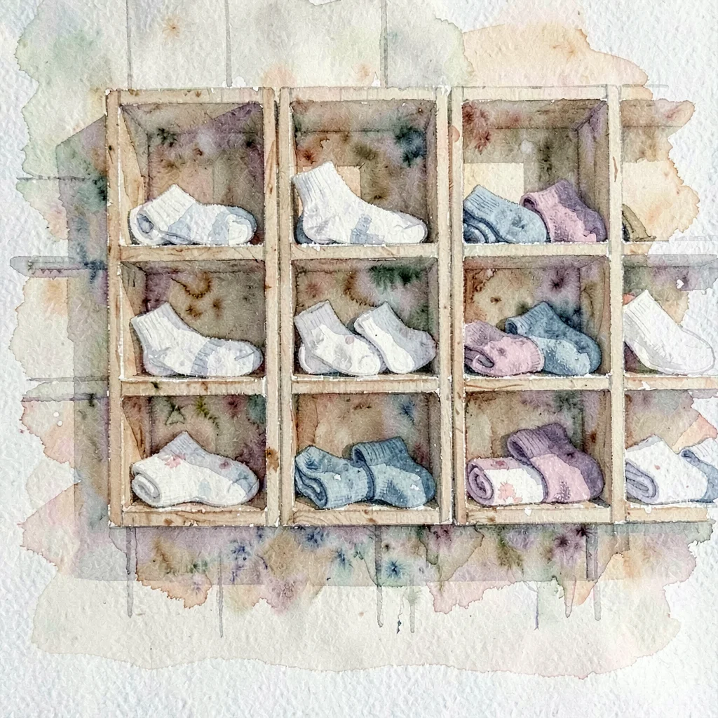 Loose watercolor of a wall of small wooden cubbies filled with paired socks, sal