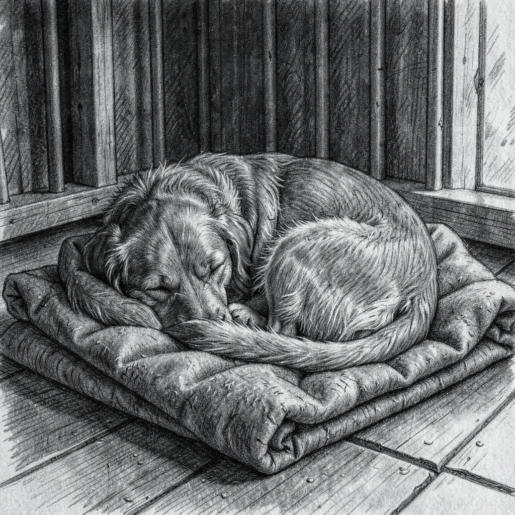 Charcoal sketch of a sleeping dog curled on a folded blanket in a kennel, soft e