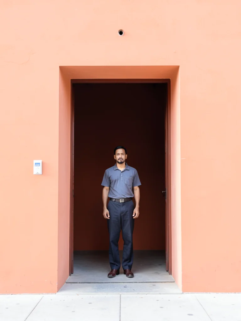 Perfectly centered doorway in salmon-colored wall, figure standing in center