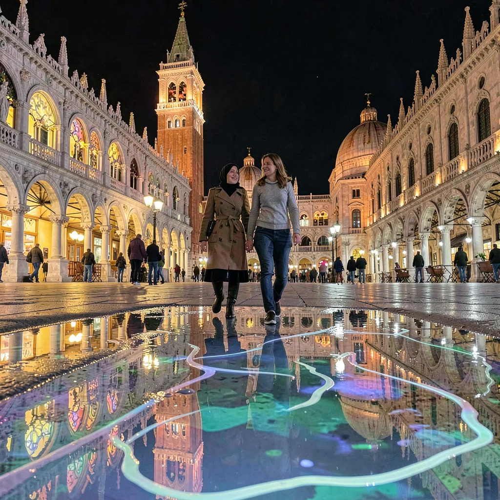 Through the lens of Venetian glass-making, molten luminosity, A couple walking a