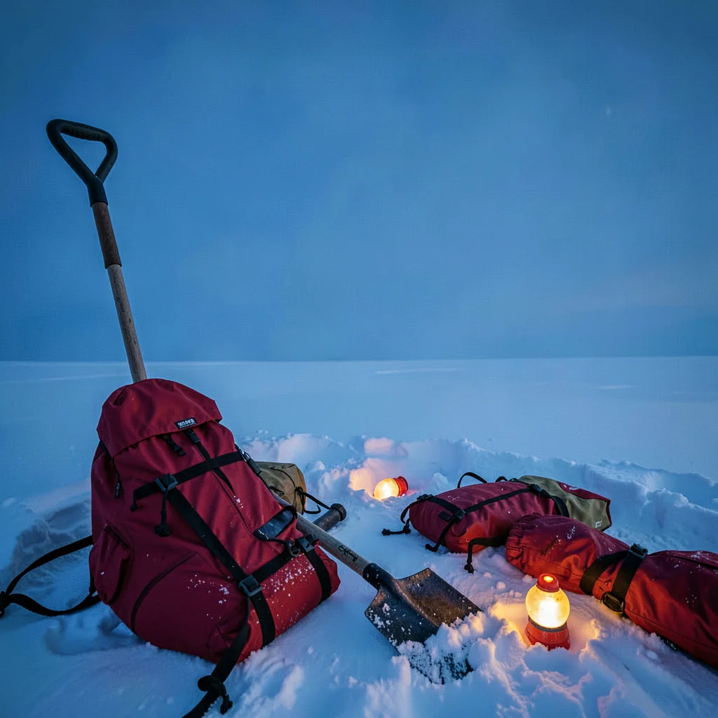 Photograph with Alaskan Arctic sensibility, Red survival gear scattered on white
