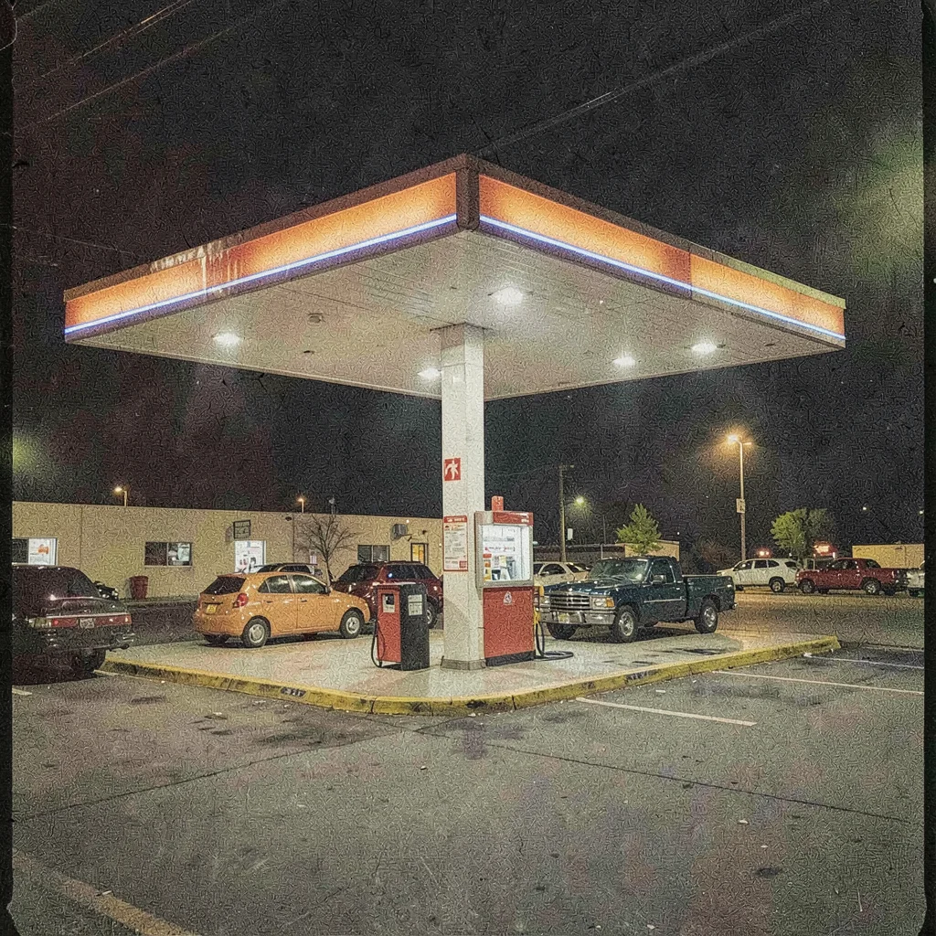 Grainy digital illustration, gas station at night , film grain texture overlay, 