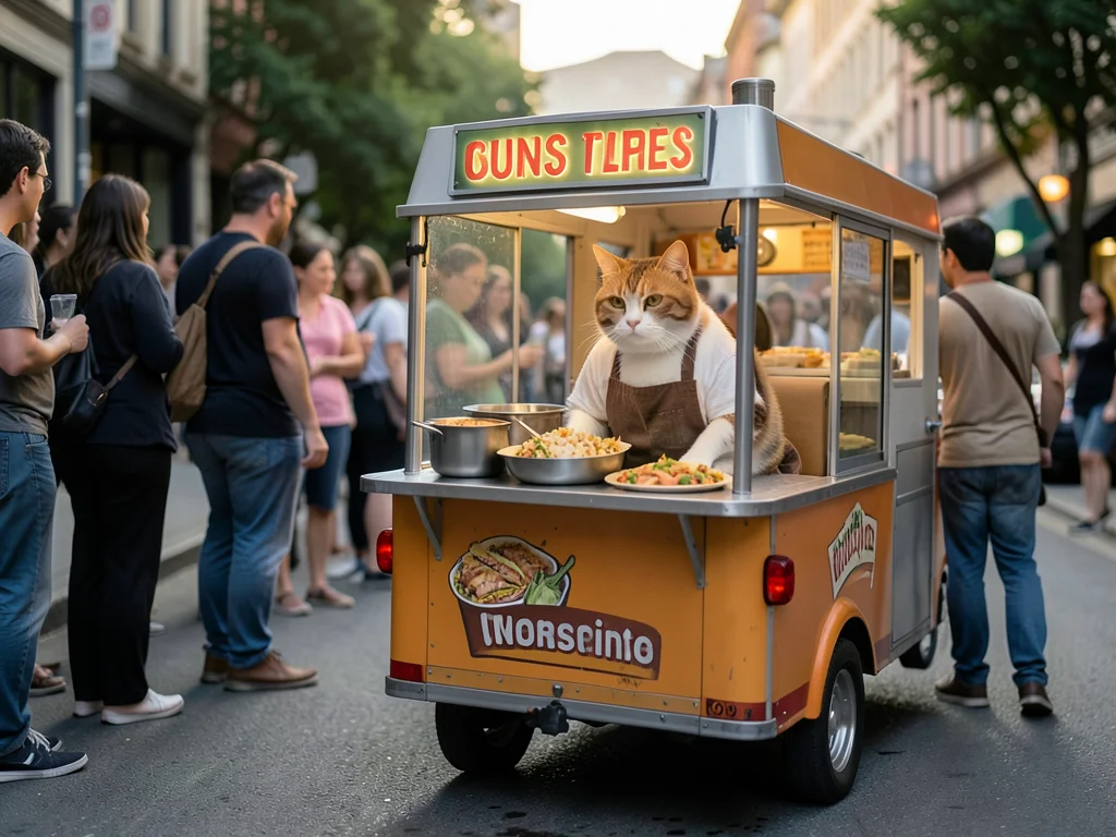 operating a tiny food truck serving fish tacos, customers lined up, apron on