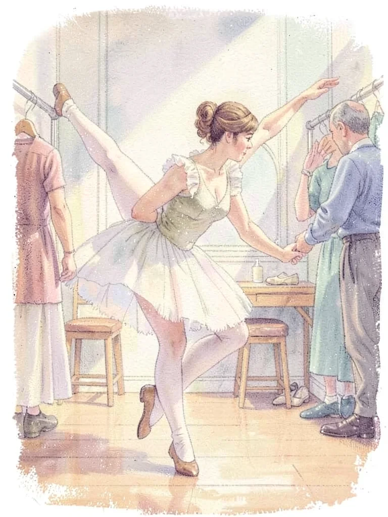 Ballet dancer adjusting slipper backstage