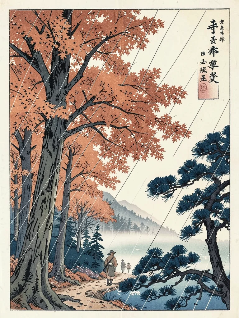 Autumn maple forest — path through it with a single traveler, diagonal rain line
