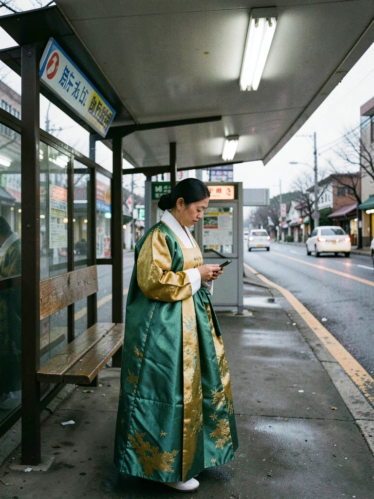 Traditional green and gold hanbok waiting at bus stop shelter with phone in hand