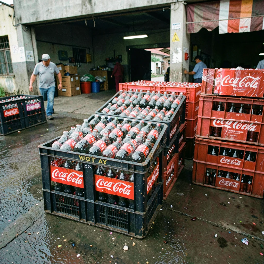 High-energy street photograph, Stacked crates of empty Coca-Cola bottles at depo
