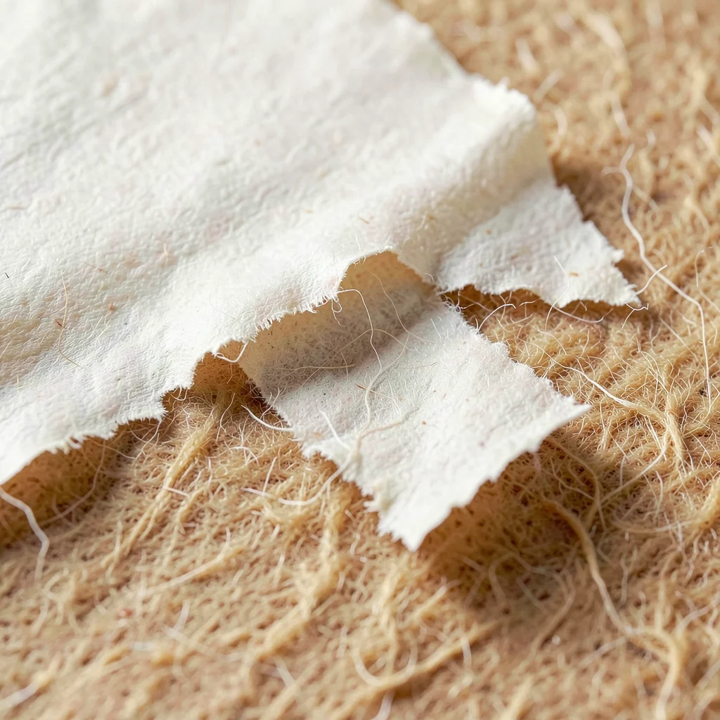 Tear-edge ragged fluff on parchment lifting in pale fibers caught against a warm