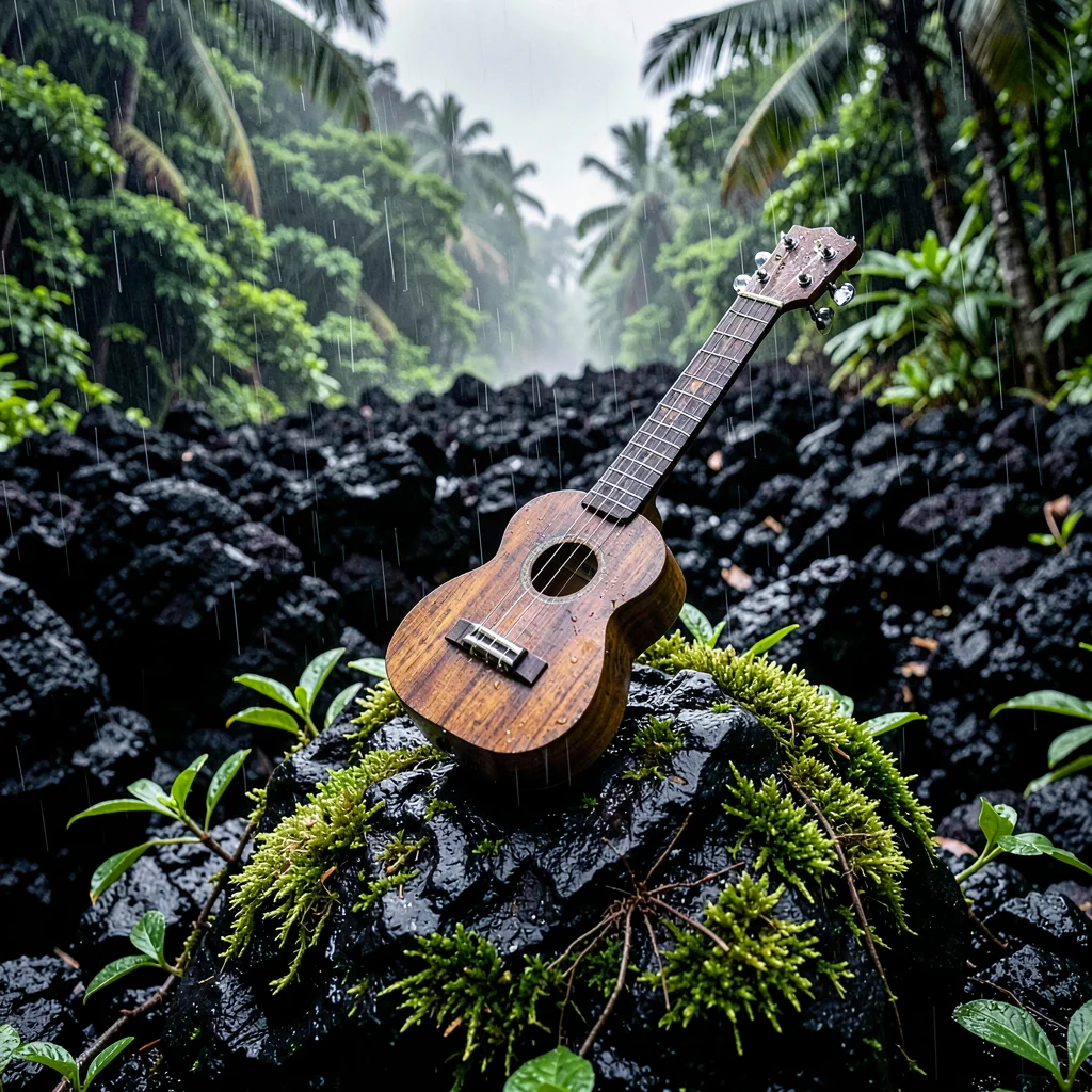 Stark black volcanic surfaces against verdant green, A wooden ukulele resting on