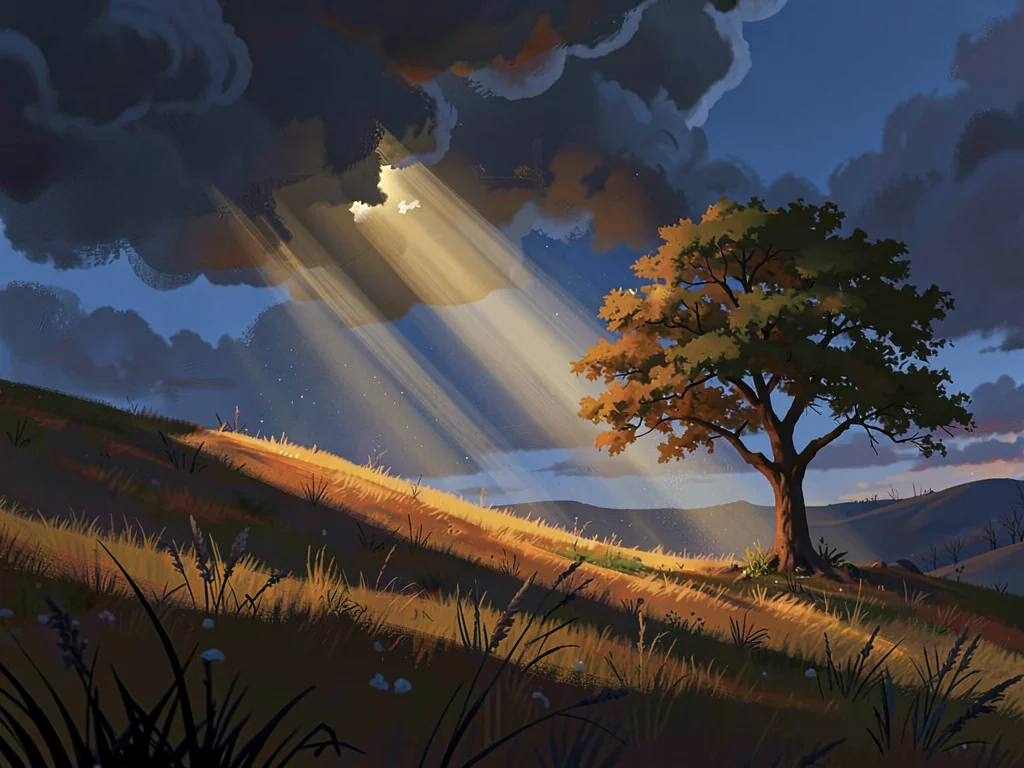 Rolling foothills meadow with parting storm clouds dropping a golden beam onto a