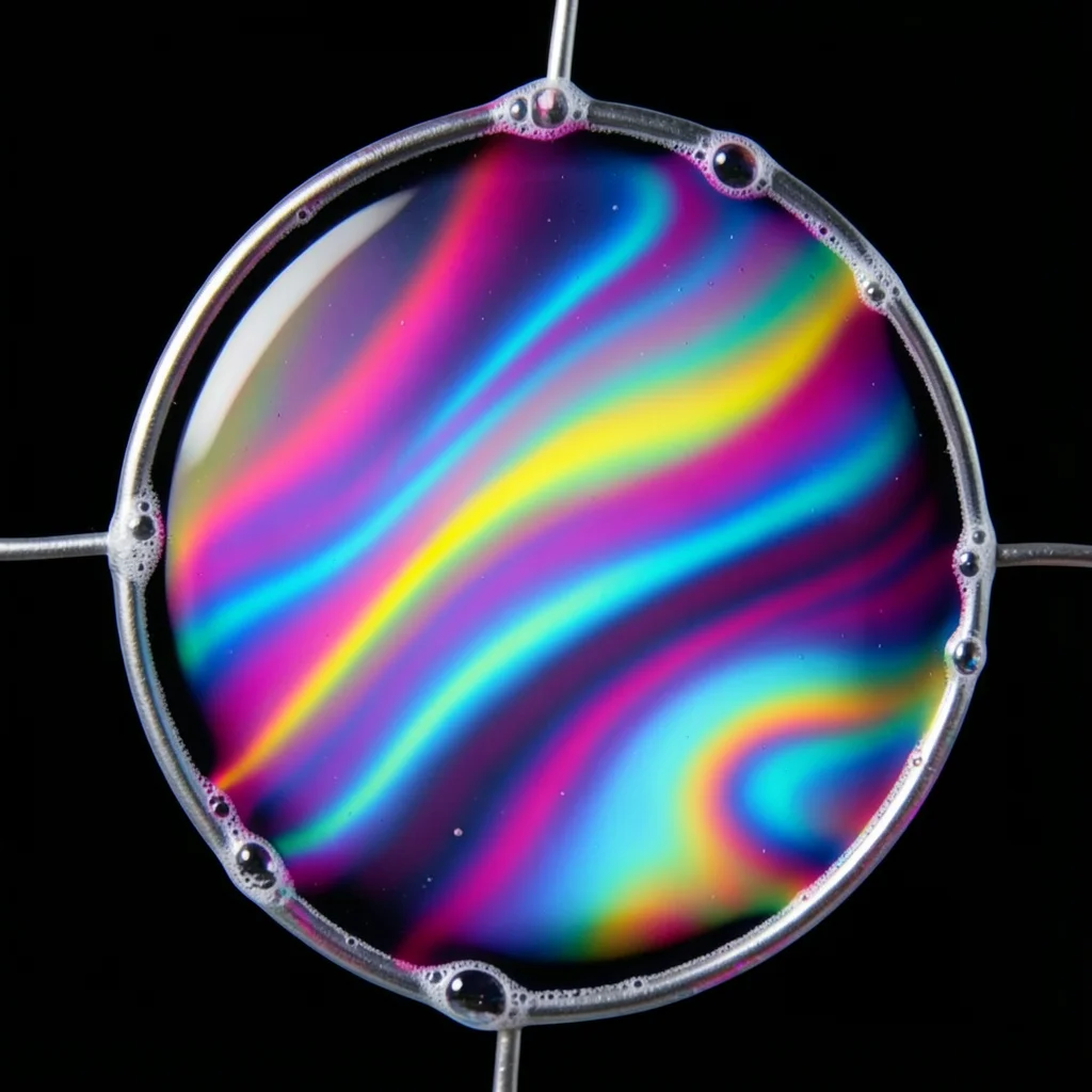 Thin soap film stretched across a circular wire frame, swirling bands of magenta
