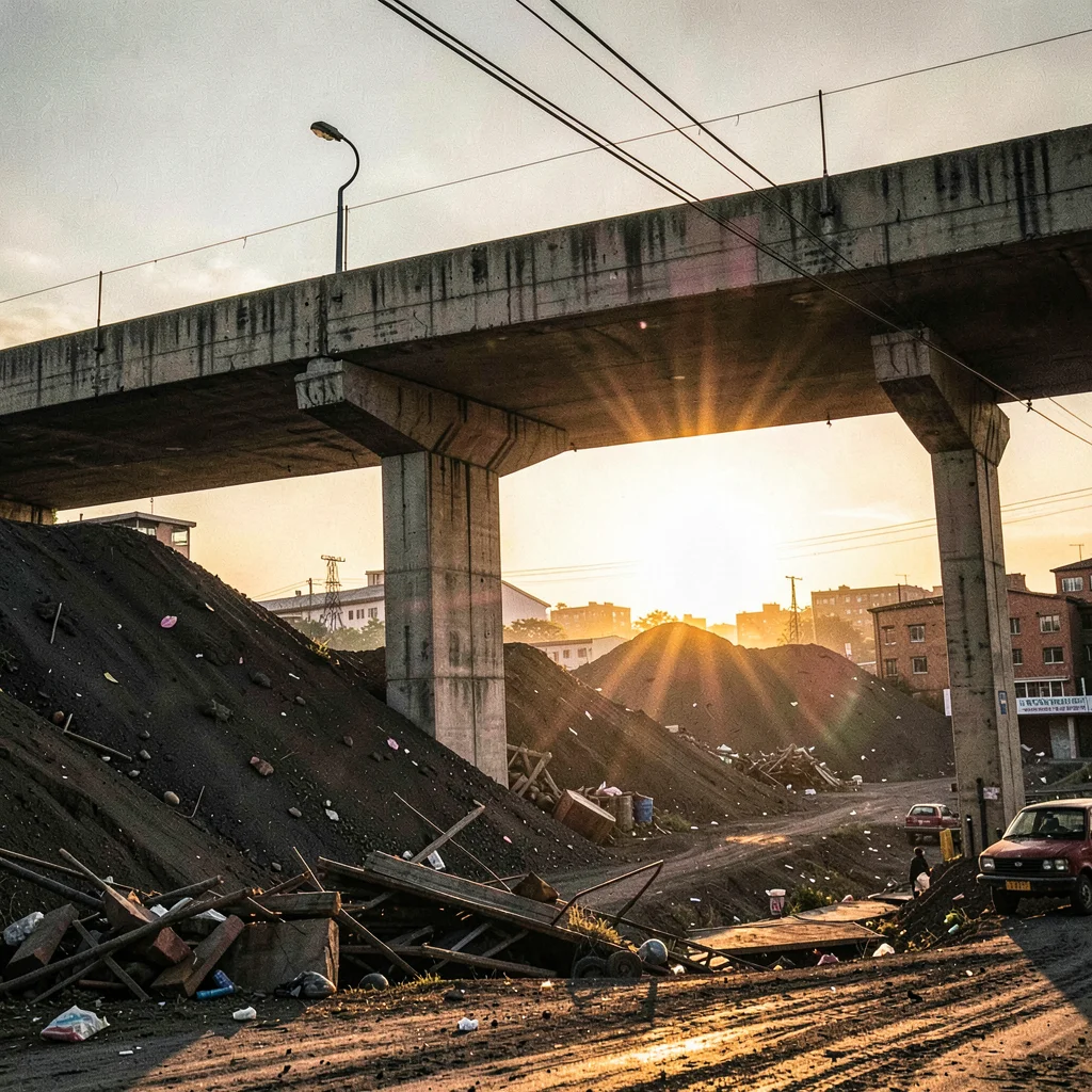 Post-industrial Johannesburg brutalism with harsh flash, Mine dump golden at sun