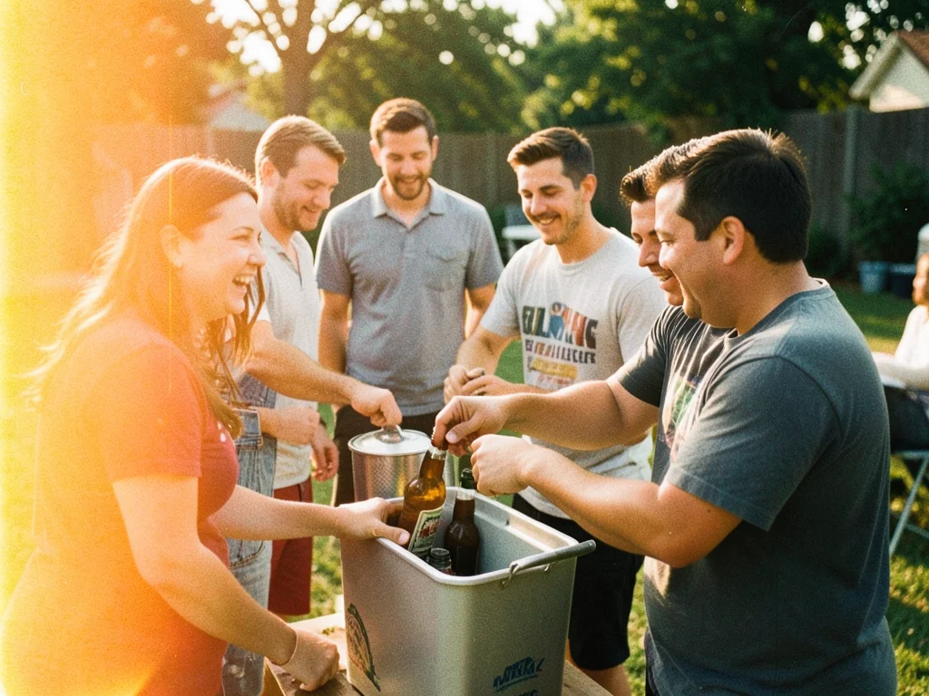 Friends at a backyard barbecue, someone reaching for a beer from a cooler, golde