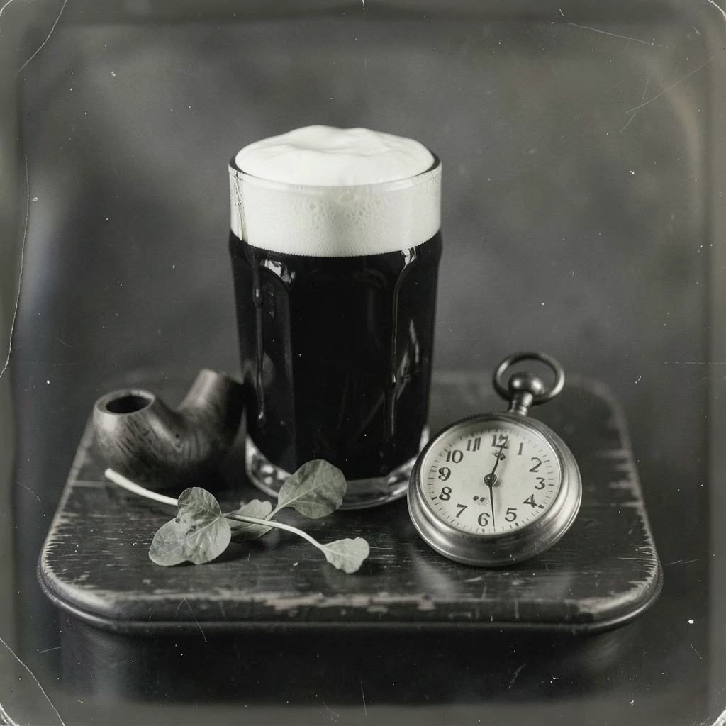A pint of stout with perfect creamy head on dark wood beside a clay pipe, a wilt