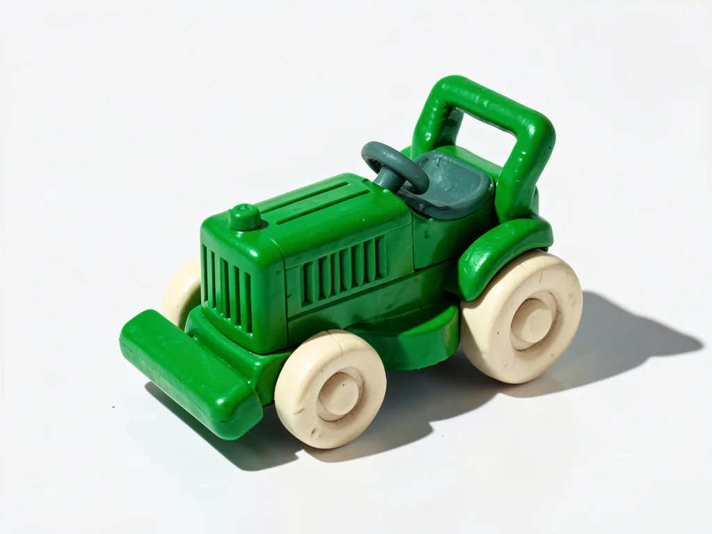Industrious chunky clay lawn mower in primary green with stubby cream-toned whee