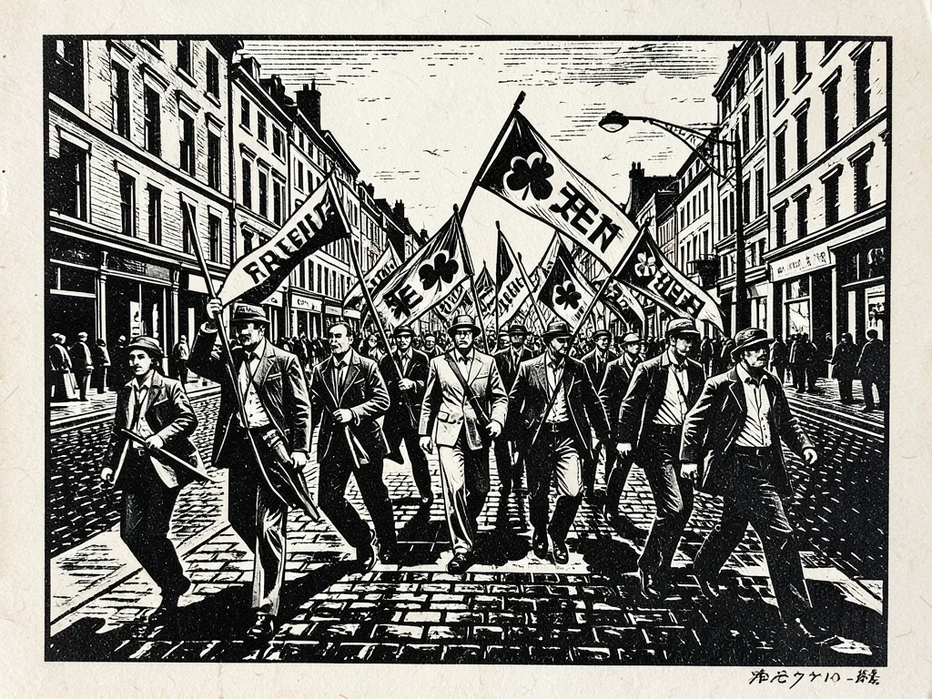 A march of workers carrying trade union banners down a wide Dublin boulevard, bo