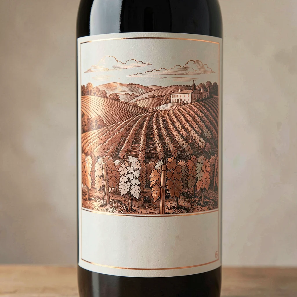 Wine label illustration, Rolling vineyard hills at sunset , elegant estate scene