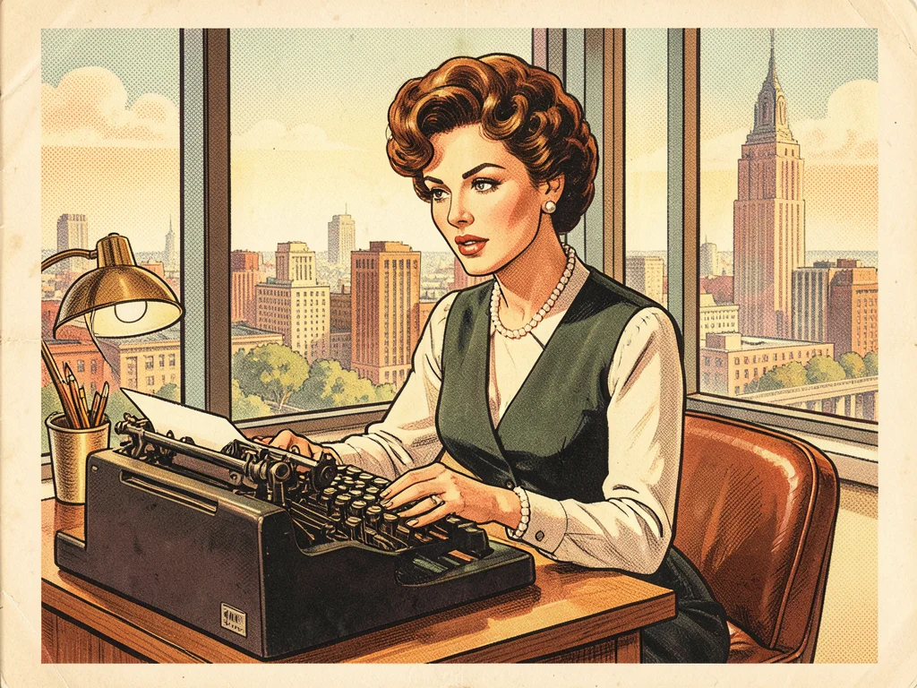 A woman at a typewriter in a modern office, determined expression, cityscape thr