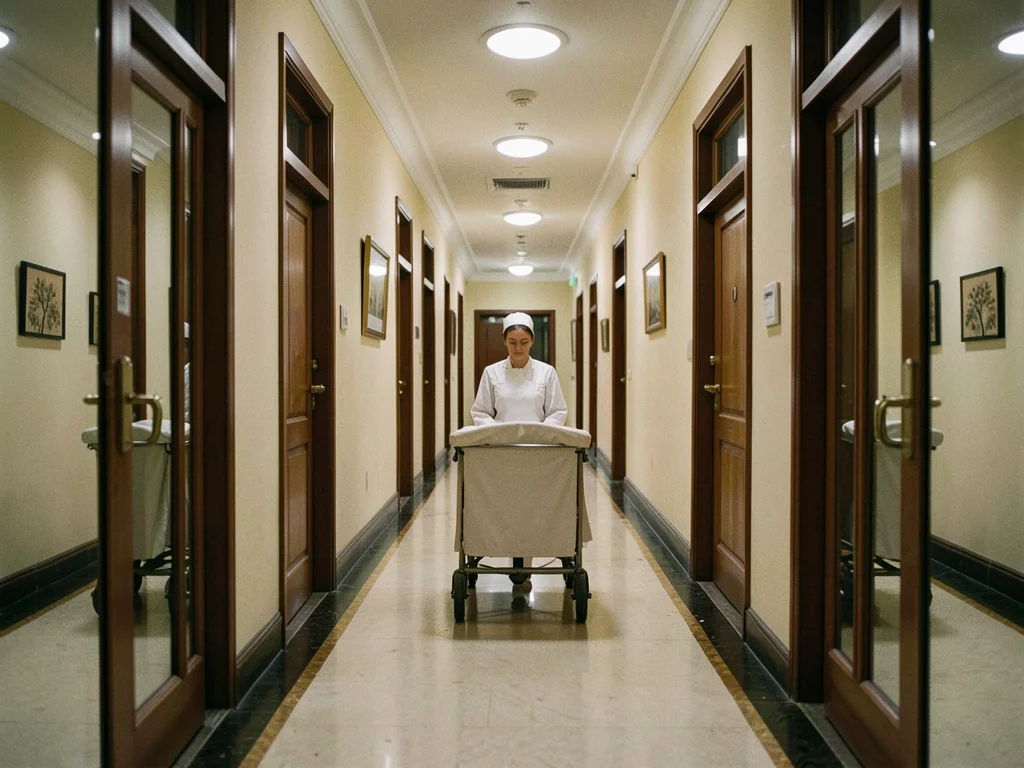 Hotel hallway infinite in both directions, maid cart precisely between two doors