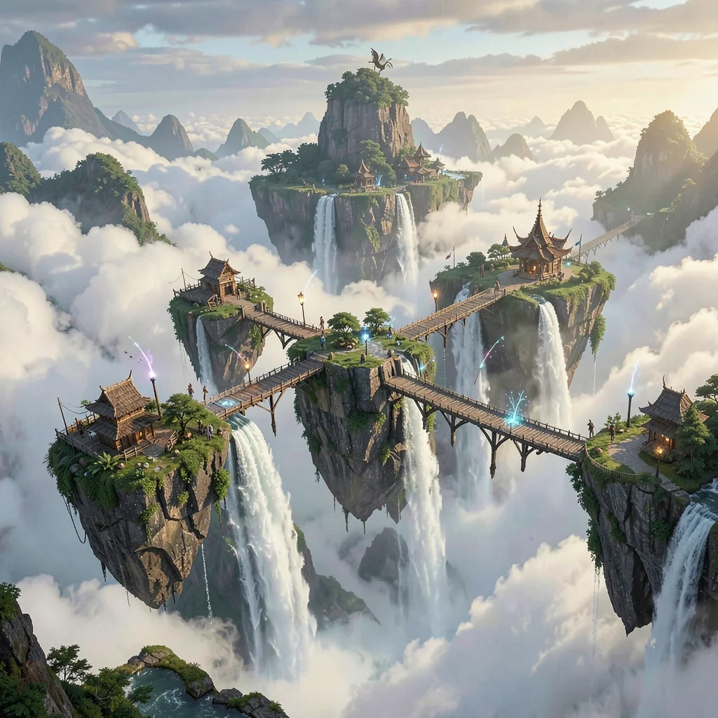 Fantasy environment illustration, floating islands connected by magical bridges,