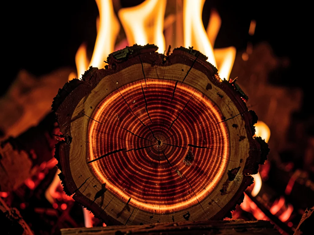 Log end showing concentric heat zones