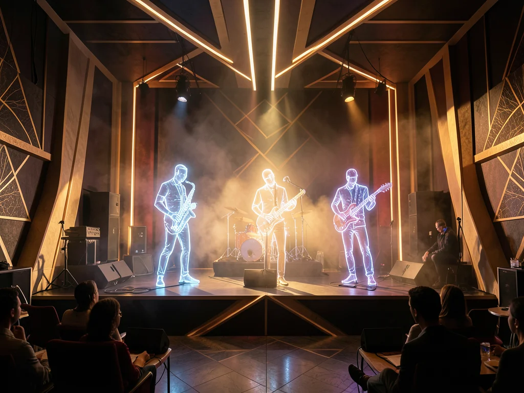 Jazz club with holographic musicians performing on stage, art deco interior, smo
