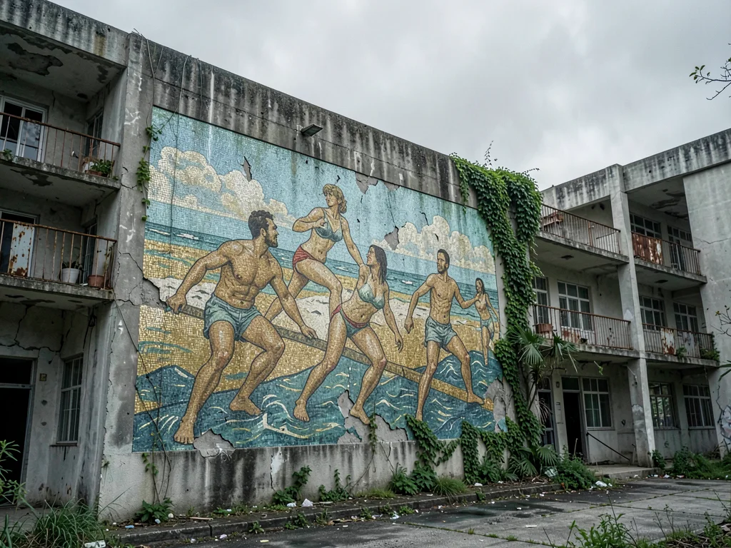 Faded Mosaic Panel of Idealized Soviet Beach-Goers