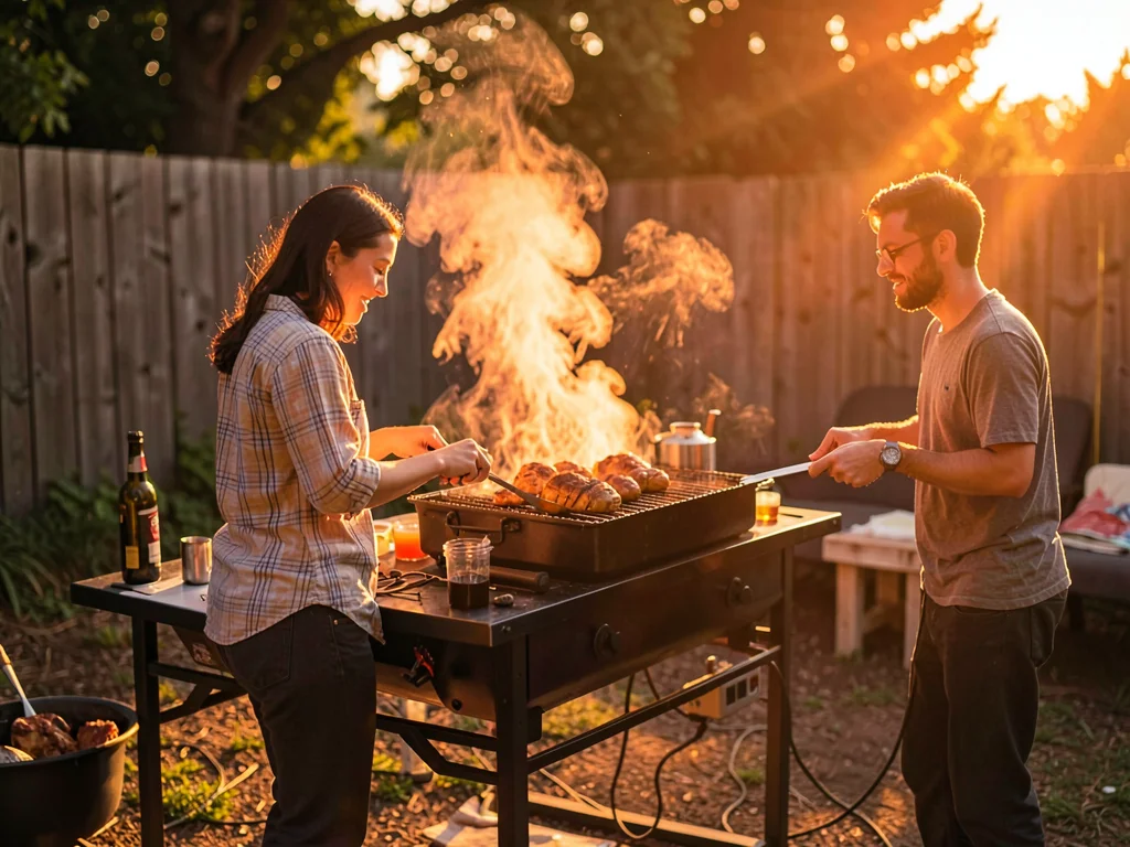 Backyard BBQ in warm light
