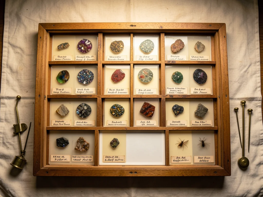 A wooden specimen tray containing geological thin sections — paper-thin slices o