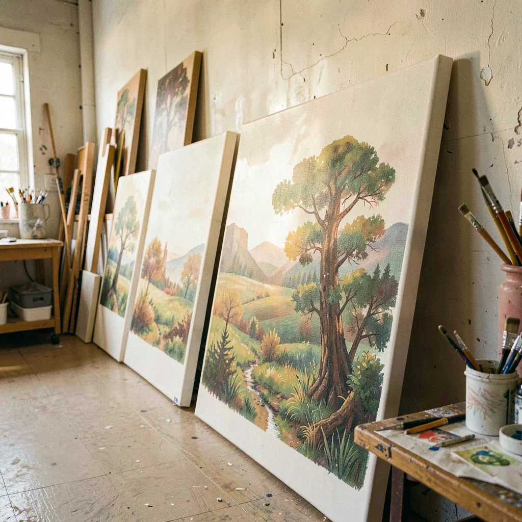 Warm illustration of a row of stretched canvases lined by size against a worksho