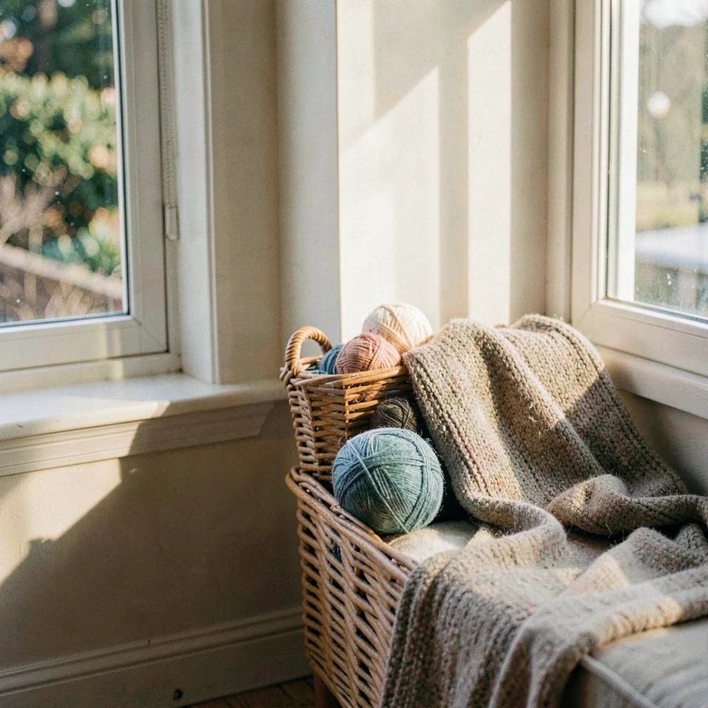 Cozy basket beside a window seat with a few skeins peeking out, slow afternoon