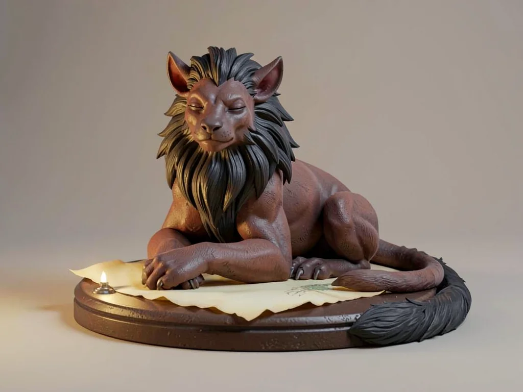 Lounging black-mane manticore with paws crossed and tail draped lazily across th