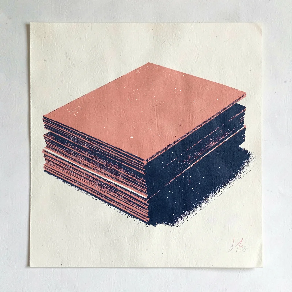 Two-color screenprint motif of a stack of canvas prints in coral and navy with h