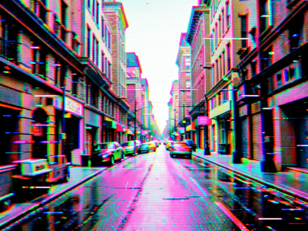 Street scene datamoshed with a completely different video frame's motion vectors