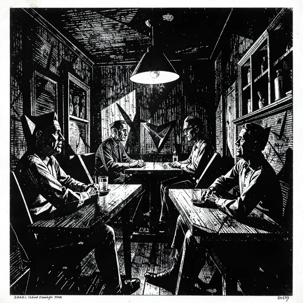 Interior of a dark café, single lamp, figures as angular fragments in shadow