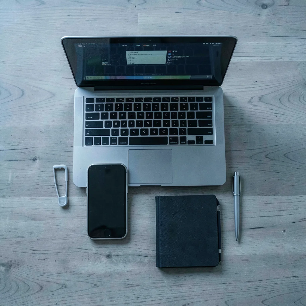 Precise geometric composition, industrial clarity, Office desk from directly abo