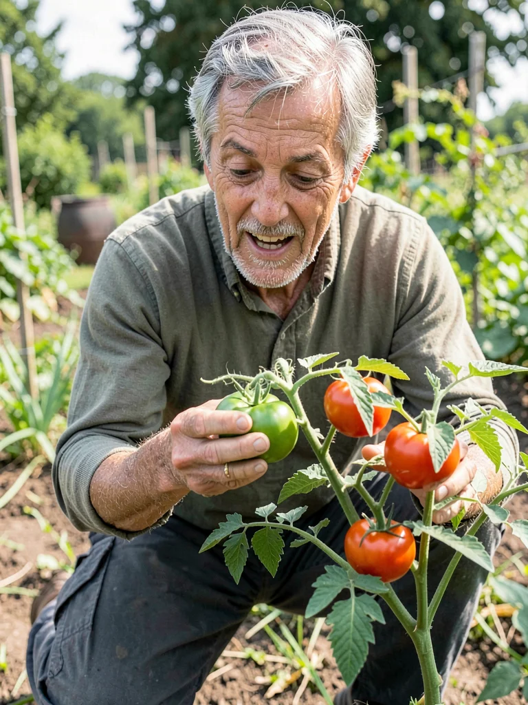 Gardener discovering first tomato of season on plant, triumphant examination