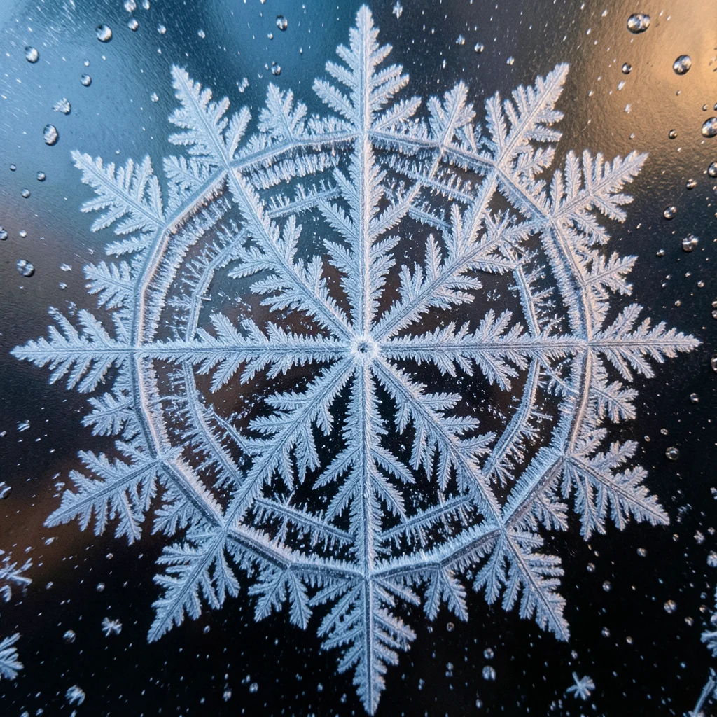 Window frost radiating from a seed point, concentric growth rings of ice crystal