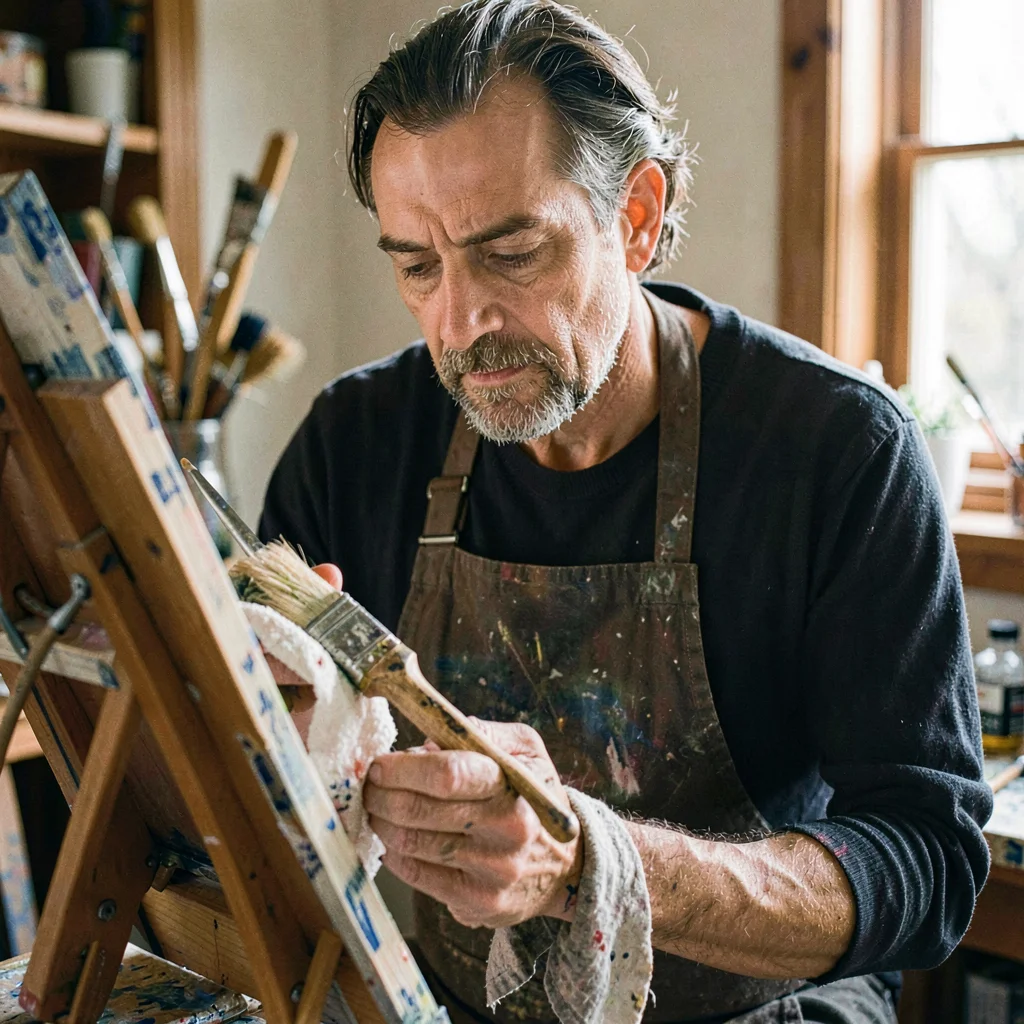 Vertical portrait of a painter wiping a brush on a rag, reflective concentration