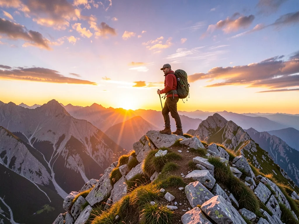 Hiker on mountain ridge at sunset