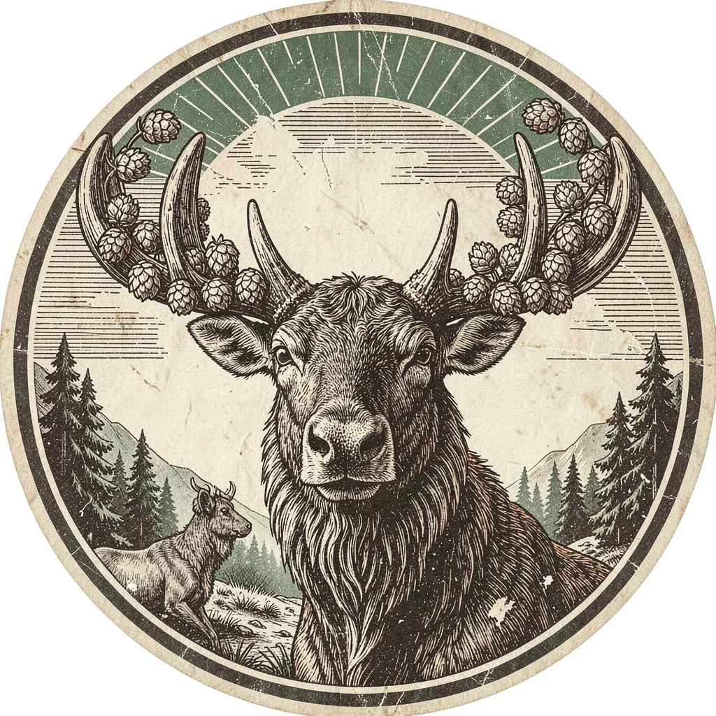 Craft beer label illustration, Moose head with antlers made of hop cones , brewe