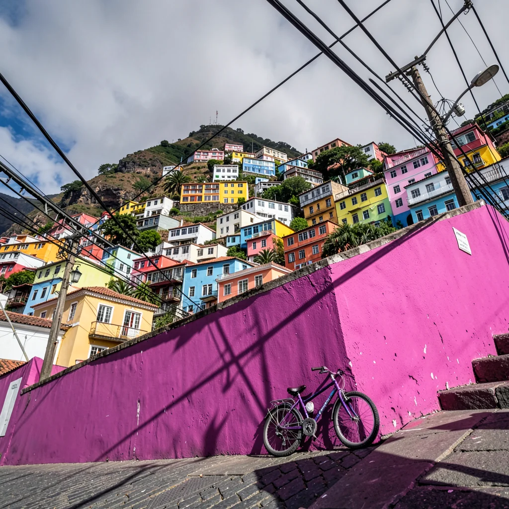 Valparaiso hillside color, painted houses climbing, Child bicycle leaning agains