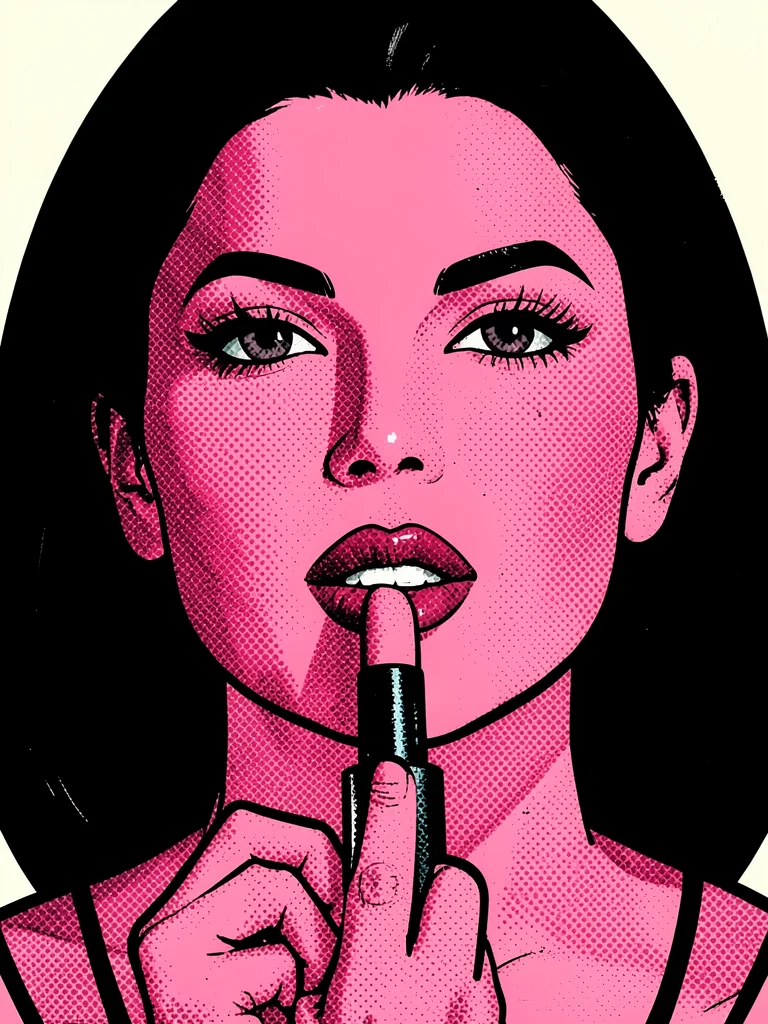 Woman applying lipstick, close-up, bold black outline, flat pink skin