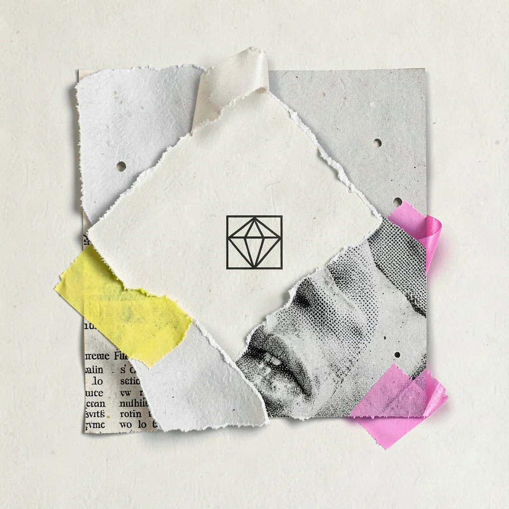 Editorial collage on cream paper of overlapping abstract paper shapes, a torn ri