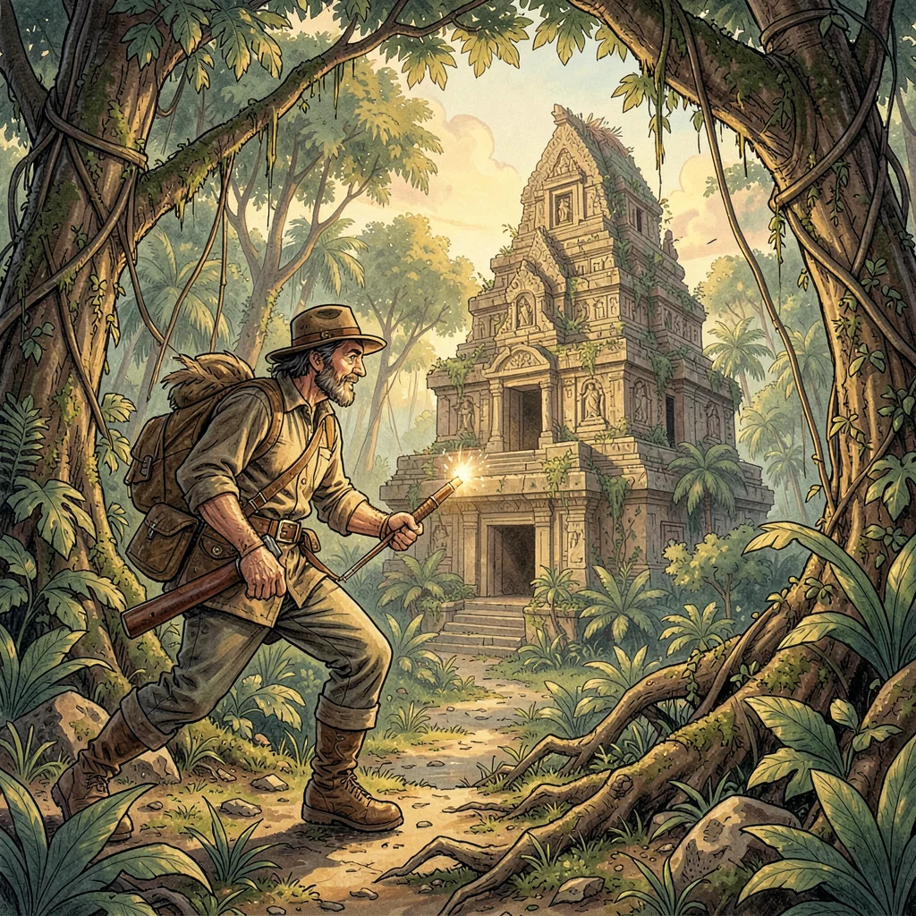 Explorer discovering hidden jungle temple