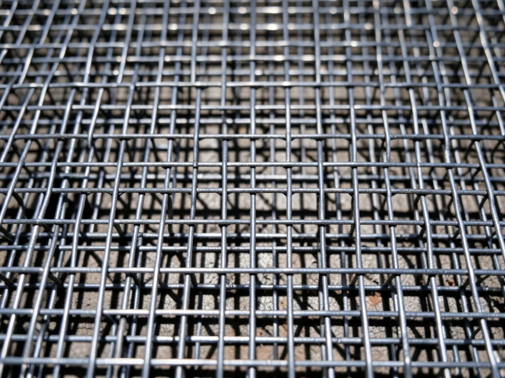 Welded wire mesh, rectangular grid of steel wire spot-welded at intersections, c