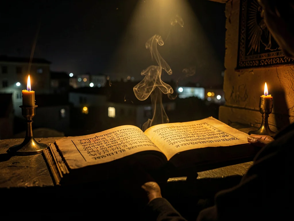 Dramatic light through darkness in Addis Ababa, Ethiopia, Ancient Ge'ez manuscri