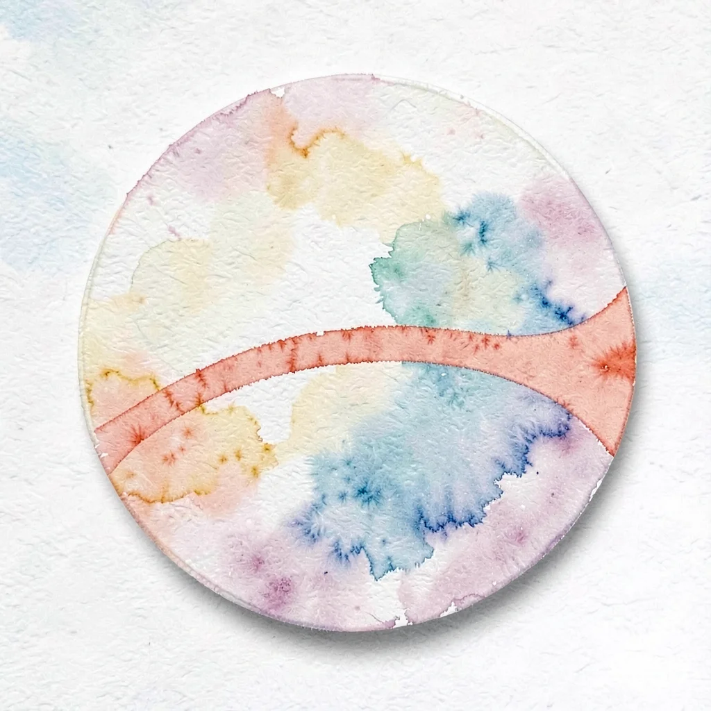 abstract circle-disc with a single coral pulse-arc passing across the front, sof