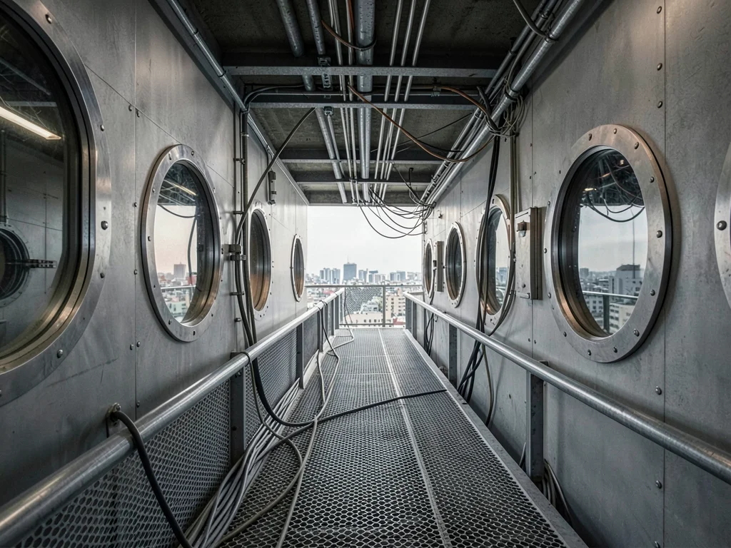 Maintenance walkway bridging two towers — perforated metal grating, cables, city