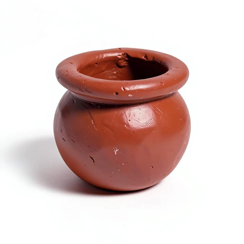 Earthy chunky clay terracotta pot in deep terracotta-red with chunky stubby rim 